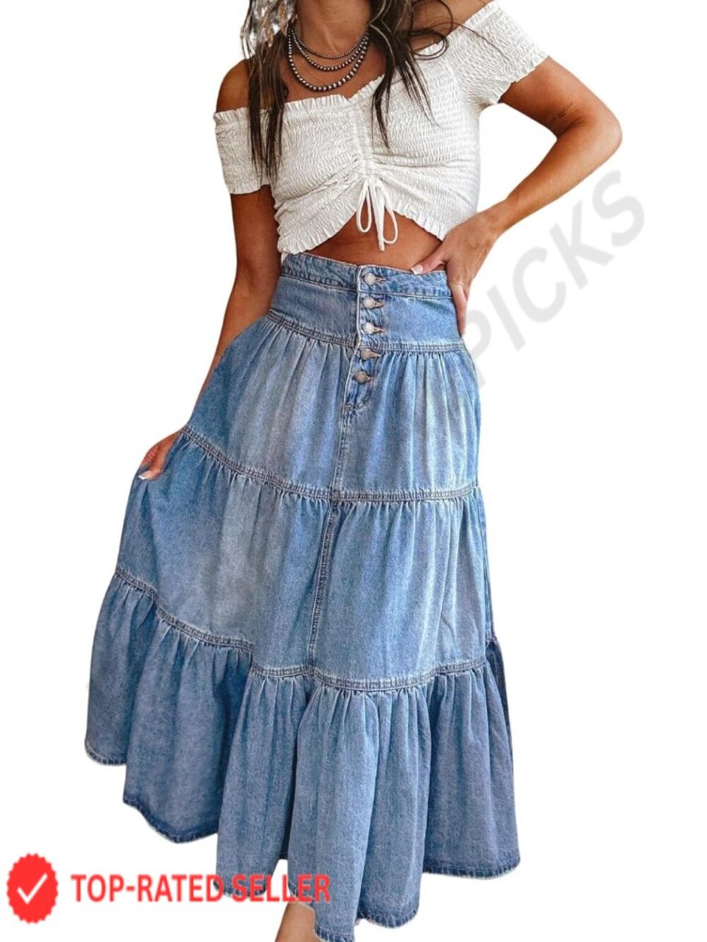 Women's High Waist Denim Maxi Skirt Button Boho Flowy Ruffle Swing A-Line Long - Picture 6 of 6
